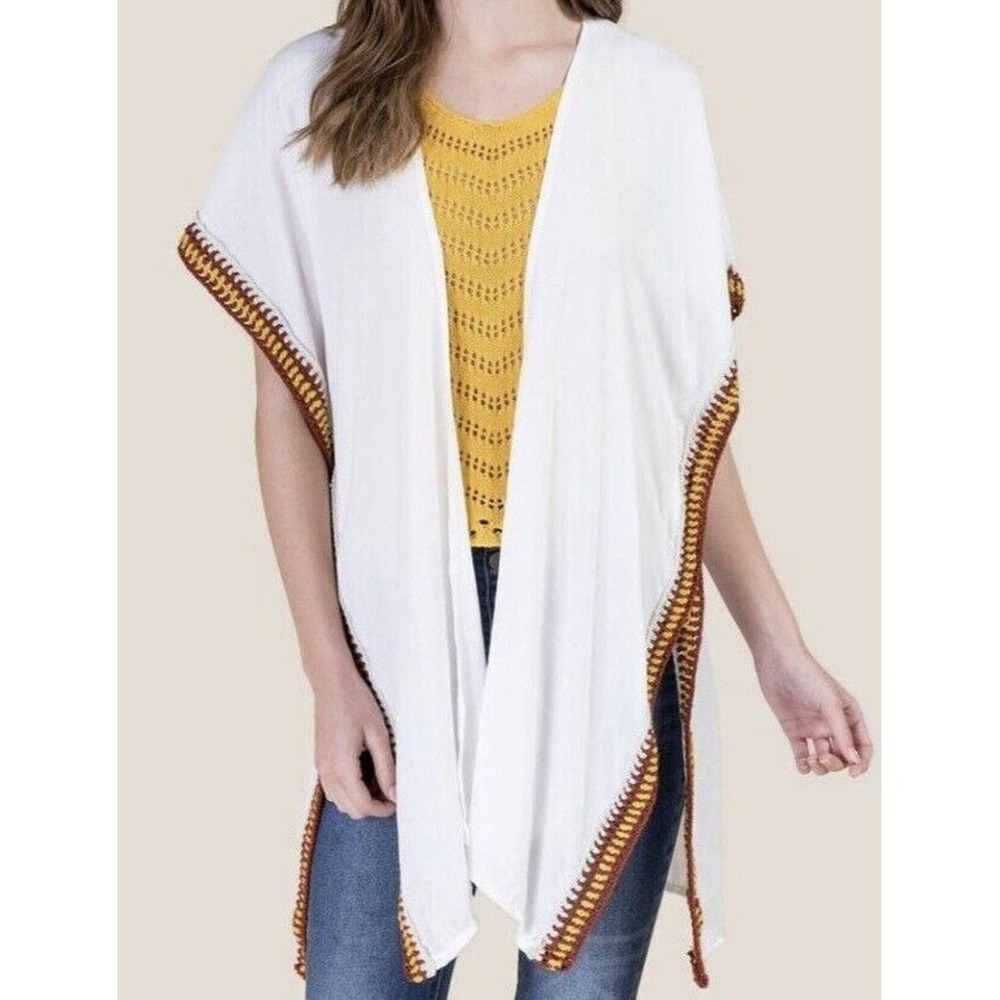 Francesca's Jillian OS Kimono Cover Up Creme with Yellow Red Crochet Edging